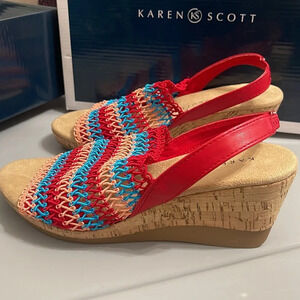 KAREN SCOTT Womens Cushioned Wedge Slip On Slingback sandals sz 9 red blue pink